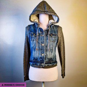 AMERICAN EAGLE DENIM JEAN JACKET HOODIE HOODED BUTTON SWEATSHIRT - WOMENS SMALL